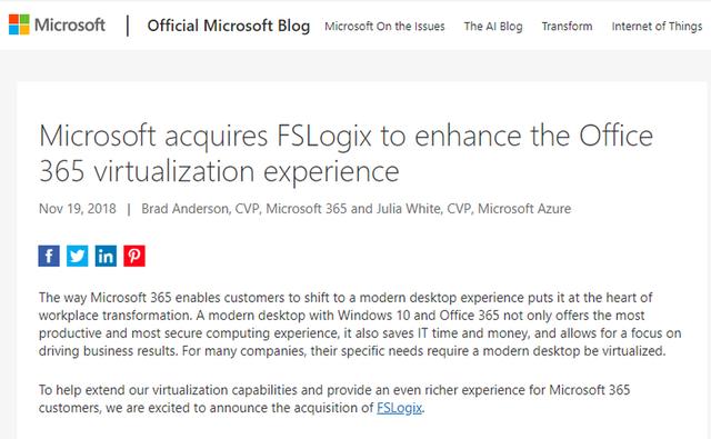 微软收购FSLogix公司 提高Office 365虚拟化用户体验