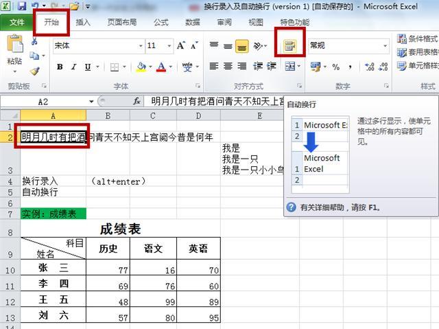 电脑常用软件Excel之“换行录入”和“自动换行”