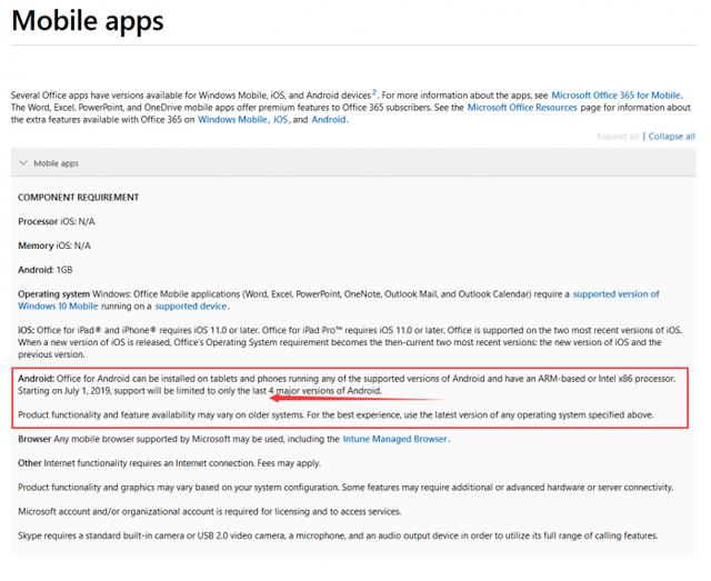 「图」Office Mobile应用7月1日开始不再支持Android 4.x/5.x