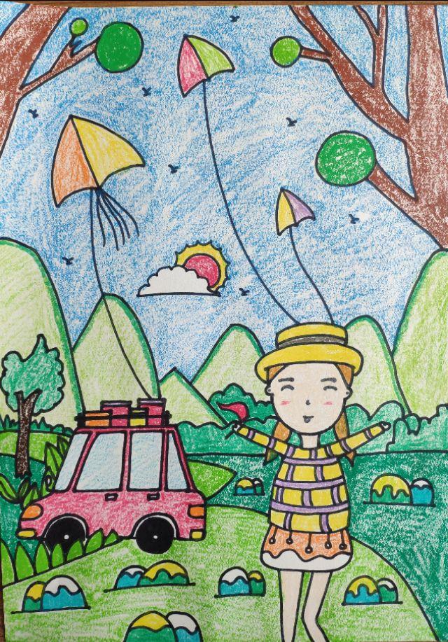 创意儿童画课件：春天主题创意儿童画，五一假期一起出游放风筝！